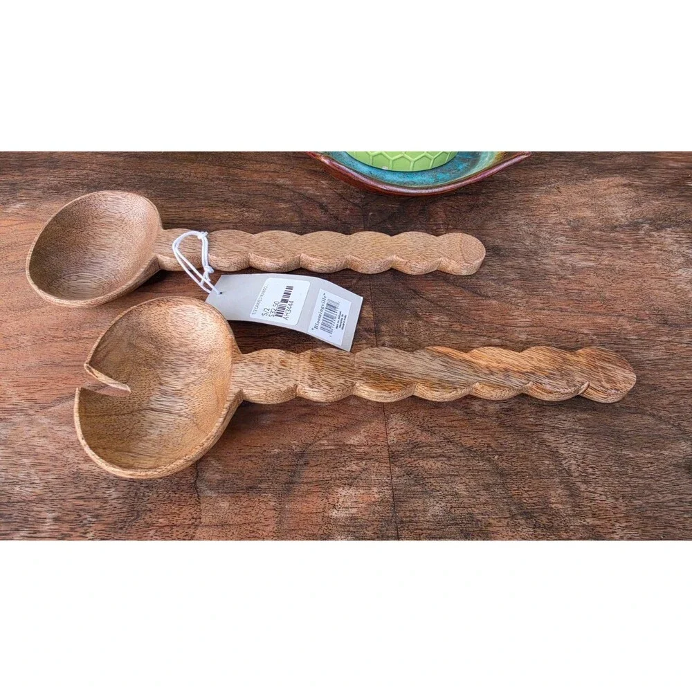 Boho Farmhouse Mango Wood Salad Tongs Server Set Wavy Scalloped Handle 9.75